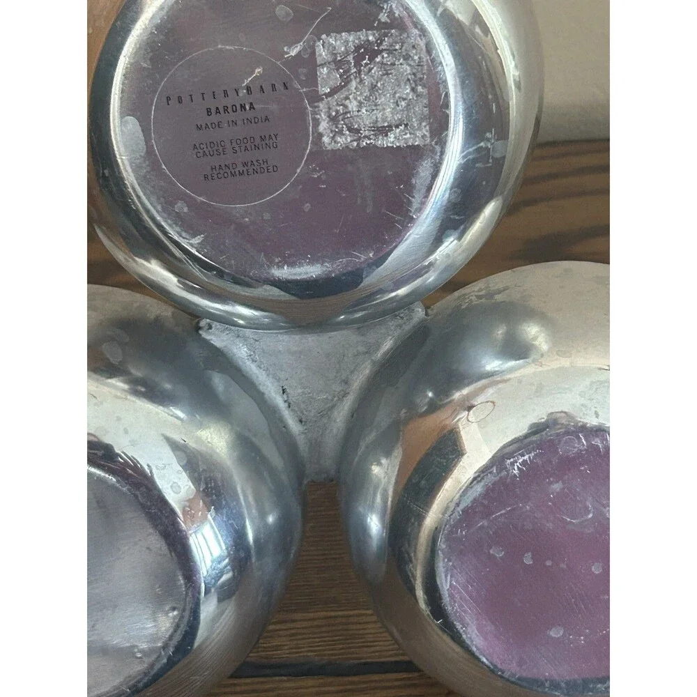 Pottery Barn Barona 3 section serving condiment bowls Aluminum Large Hosting